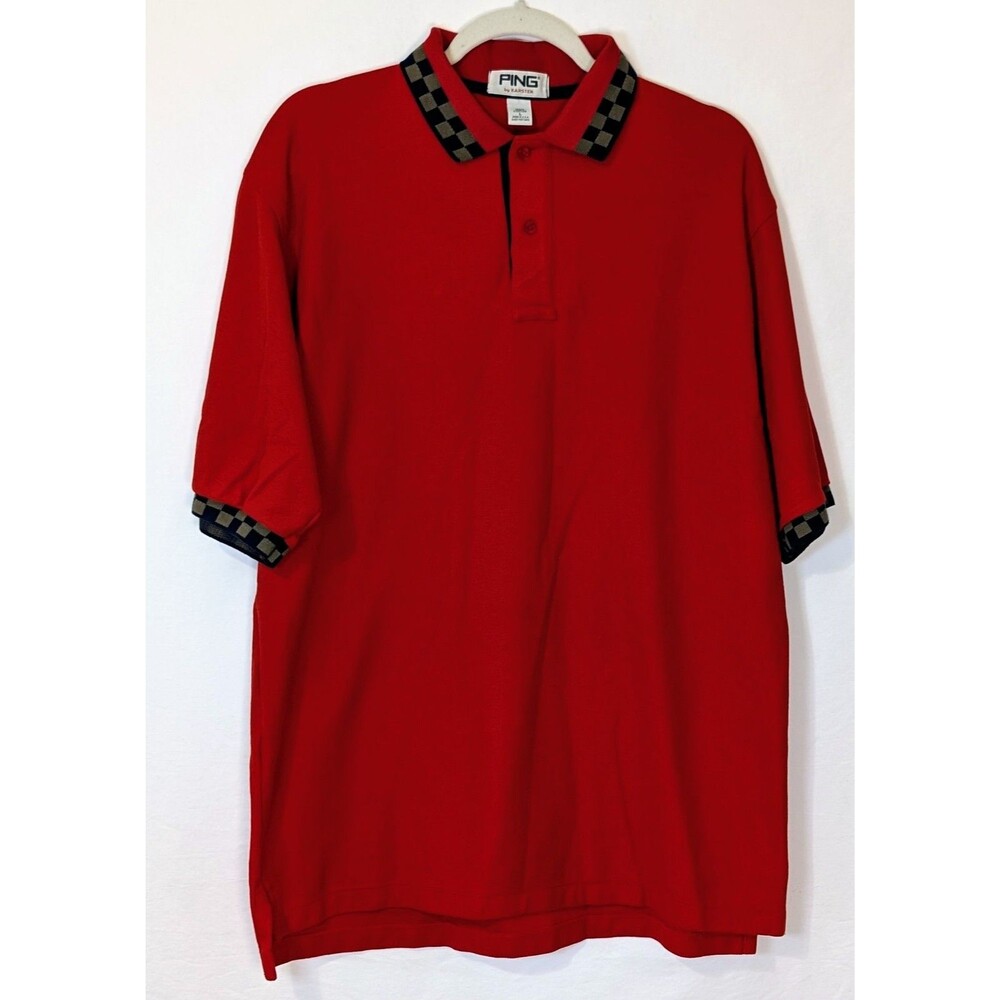 VTG 90s PING by Karsten Golf Polo Shirt Men L Red Checkerboard Collar USA Made